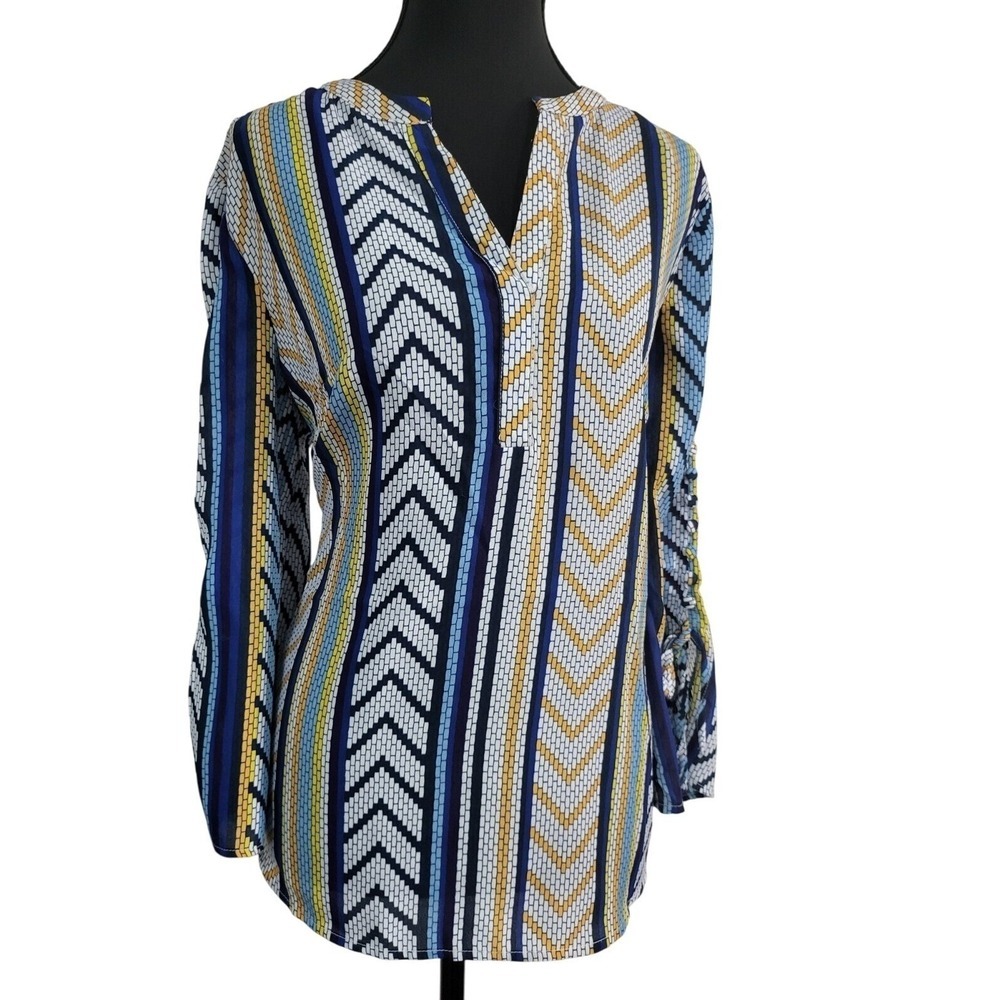 Zac & Rachel Striped Chevron Print Blouse Long Sleeve V-Neck Casual Top